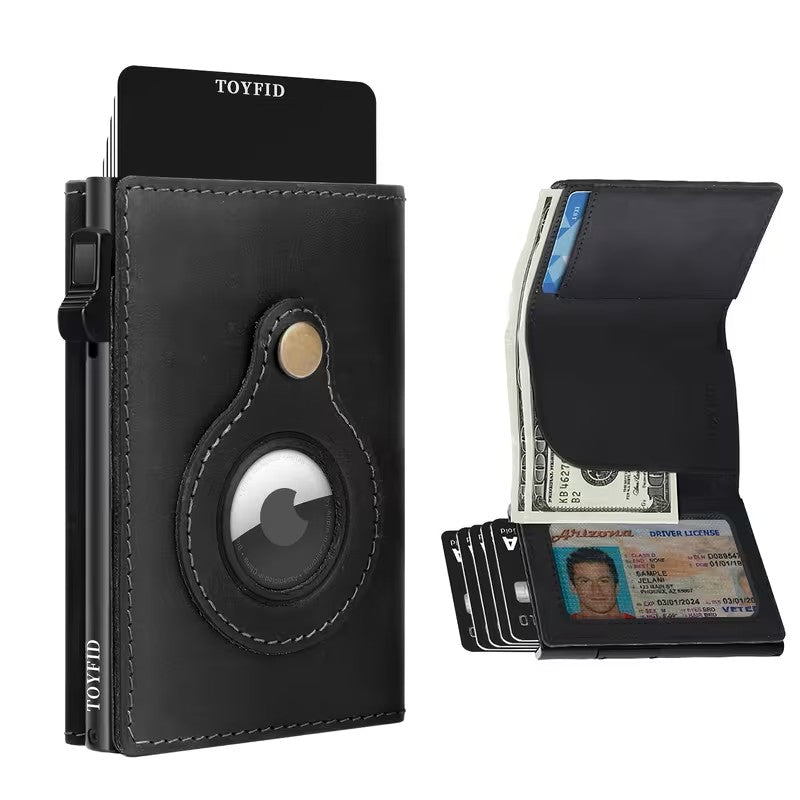 TOYFID Leather Wallet for Men, RFID Blocking Pop up Card Holder with Slide Ejector Button, ID Window, Airtag Slot, Mirror, Large Capacity Organiser for Credit Card/Bank Card/Cash-2