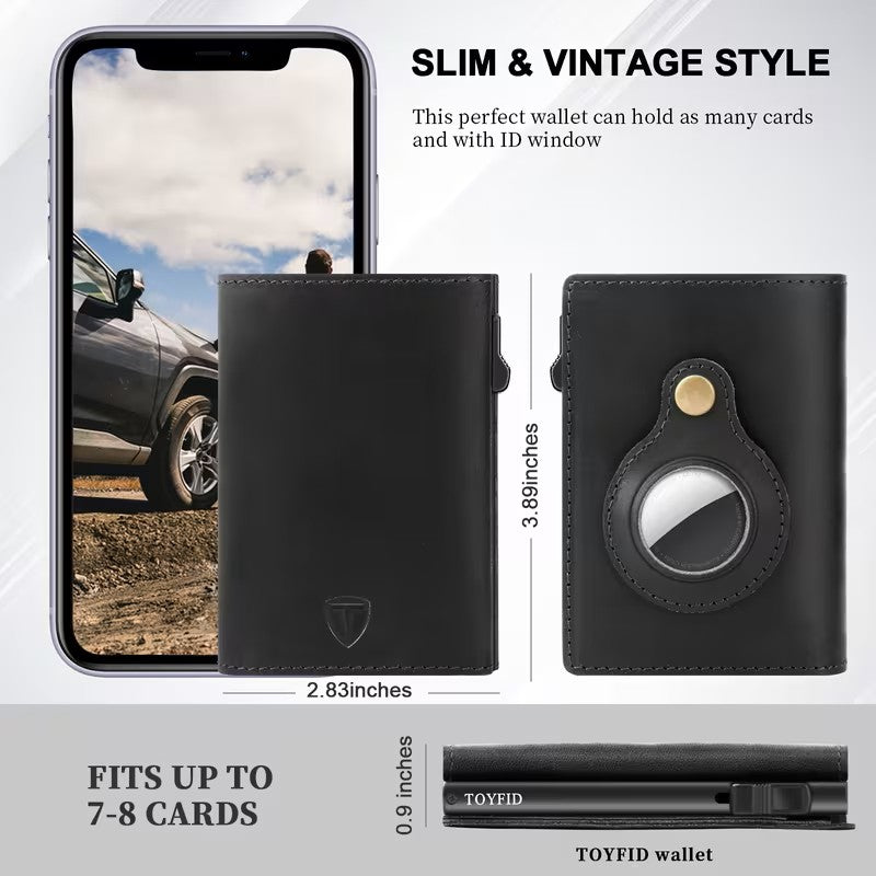 TOYFID Leather Wallet for Men, RFID Blocking Pop up Card Holder with Slide Ejector Button, ID Window, Airtag Slot, Mirror, Large Capacity Organiser for Credit Card/Bank Card/Cash-4
