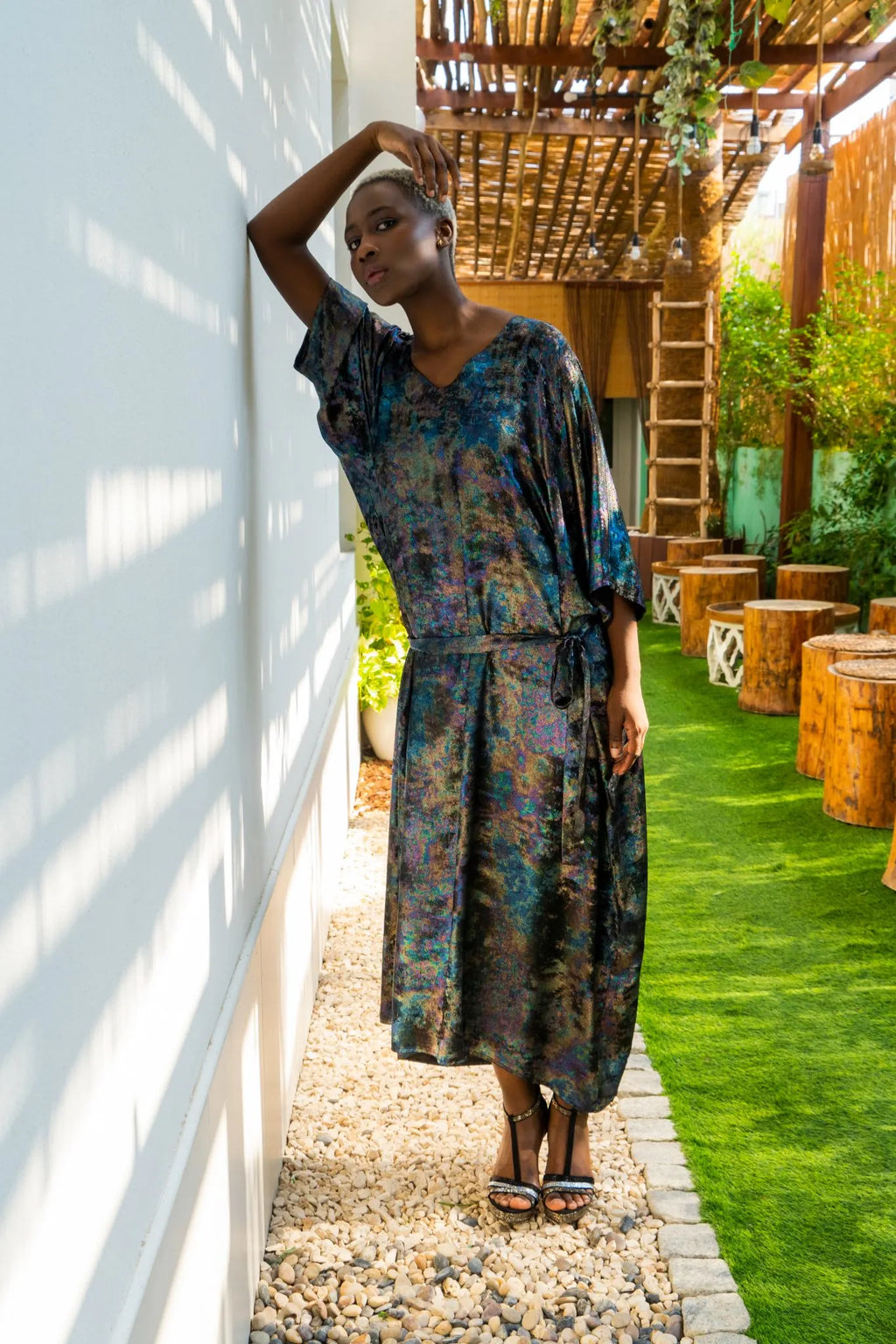 Shadow Of Sequin Shimmer Long Kaftan Dress - Rainbow Black Party Dress-2