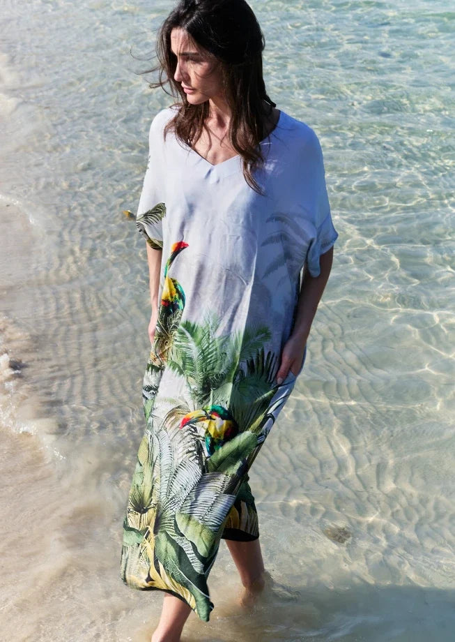 Wild Wings Bird In The Jungle Long Kaftan Dress With Side Slits - Green & Multicolor-1