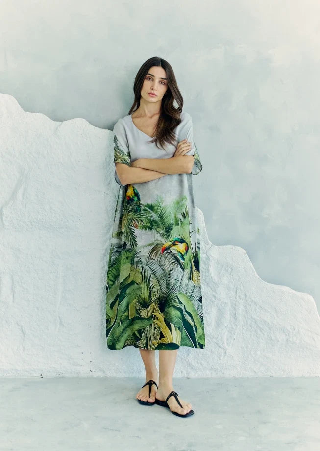 Wild Wings Bird In The Jungle Long Kaftan Dress With Side Slits - Green & Multicolor-4